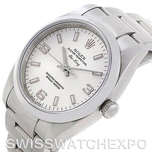 The image shows a Rolex Air-King 114200 Men's Stainless Steel Silver Dial 114200 Men's Stainless Steel Silver Dial model watch from a front angle, highlighting the dial, case, and part of the bracelet.