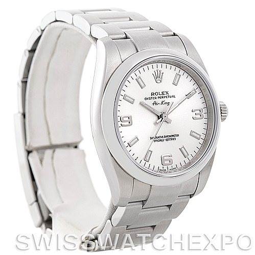 The image shows a Rolex Air-King 114200 Men's Stainless Steel Silver Dial 114200 Men's Stainless Steel Silver Dial watch at a slight angle, displaying its bracelet, case, and face.