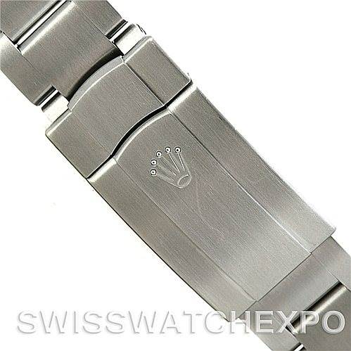 This image shows the clasp and bracelet of a Rolex Air-King 114200 Men's Stainless Steel Silver Dial 114200 Men's Stainless Steel Silver Dial watch from a top-down angle.
