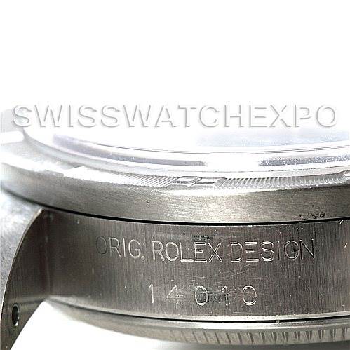 This image shows a close-up of the side case and bezel of the Rolex Air-King 14010 Men's Stainless Steel Black Dial 14010 Men's Stainless Steel Black Dial, featuring the "ORIG. ROLEX DESIGN" engraving and model number.