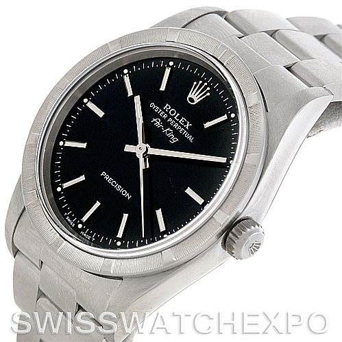 The image shows the Rolex Air-King 14010 Men's Stainless Steel Black Dial 14010 Men's Stainless Steel Black Dial watch at a slight angle, highlighting the face, bezel, crown, and part of the bracelet.