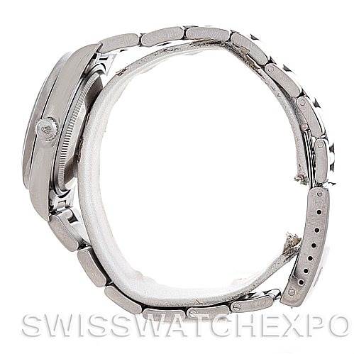 The image shows a side view of a Rolex Air-King 14010 Men's Stainless Steel Black Dial 14010 Men's Stainless Steel Black Dial watch, featuring the case, crown, and bracelet with clasp.