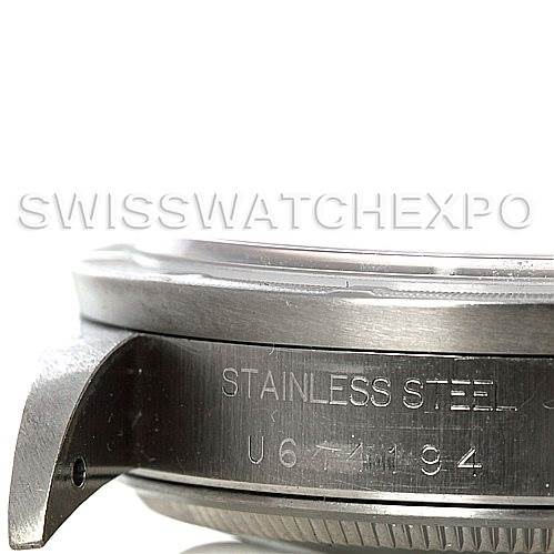 The image shows a close-up of the side of a Rolex Air-King 14010 Men's Stainless Steel Black Dial 14010 Men's Stainless Steel Black Dial watch case, highlighting the stainless steel material and engraved serial number.