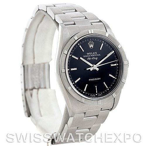 The Rolex Air-King 14010 Men's Stainless Steel Black Dial 14010 Men's Stainless Steel Black Dial watch is shown at an angle showcasing the dial, bezel, and bracelet.