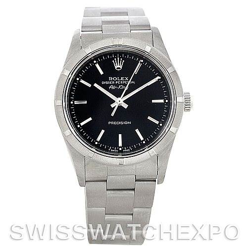 This image shows a frontal view of a Rolex Air-King 14010 Men's Stainless Steel Black Dial 14010 Men's Stainless Steel Black Dial watch, including its face, bezel, and bracelet.