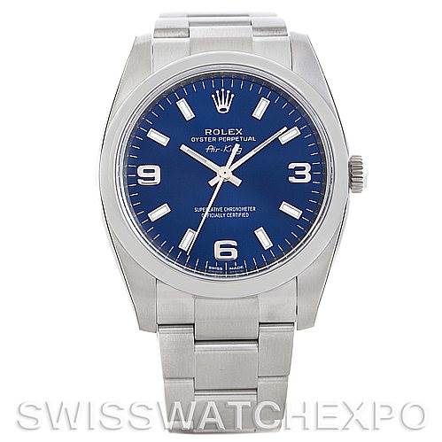 This is a front view of the Rolex Air-King 114200 Men's Stainless Steel Blue Dial 114200 Men's Stainless Steel Blue Dial watch showing its dial, case, bracelet, and crown.