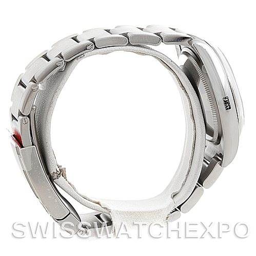 The image shows a side view of a Rolex Air-King 114200 Men's Stainless Steel Blue Dial 114200 Men's Stainless Steel Blue Dial watch, highlighting the bracelet, case, and clasp.