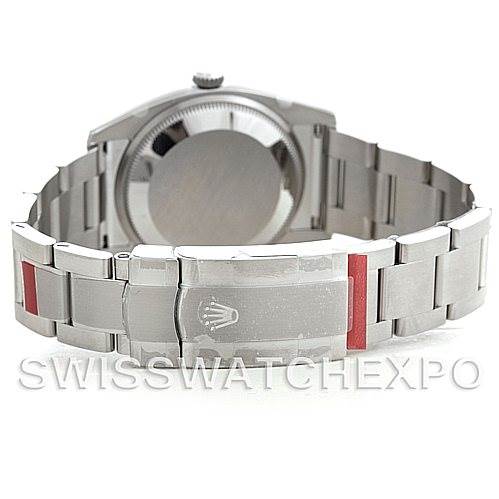 This image shows the back and clasp of the stainless steel bracelet of a Rolex Air-King 114200 Men's Stainless Steel Blue Dial 114200 Men's Stainless Steel Blue Dial watch.