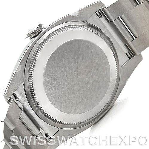 This image shows the back view of a Rolex Air-King 114200 Men's Stainless Steel Blue Dial 114200 Men's Stainless Steel Blue Dial watch, highlighting its case back and part of the bracelet.