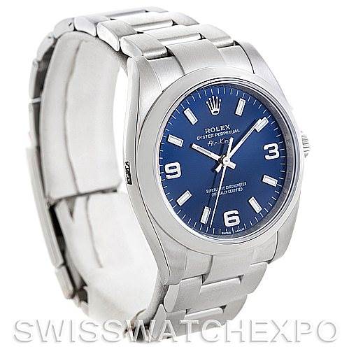 The image shows a Rolex Air-King 114200 Men's Stainless Steel Blue Dial 114200 Men's Stainless Steel Blue Dial watch at a three-quarter angle, highlighting the blue dial, bezel, and stainless steel bracelet.