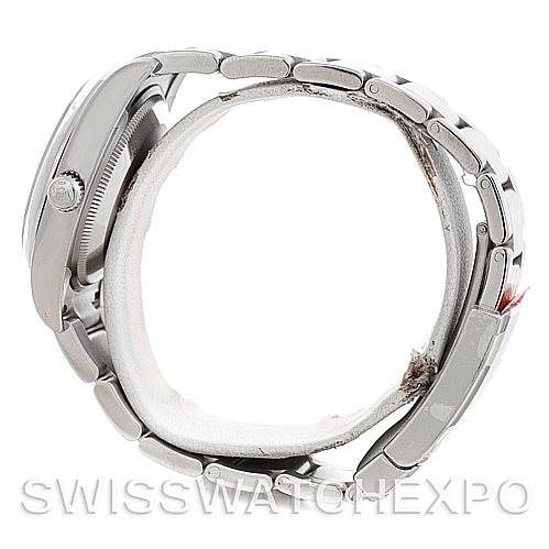 This image shows a side profile of the Rolex Air-King 114200 Men's Stainless Steel Blue Dial 114200 Men's Stainless Steel Blue Dial watch, focusing on the bracelet and the case side.