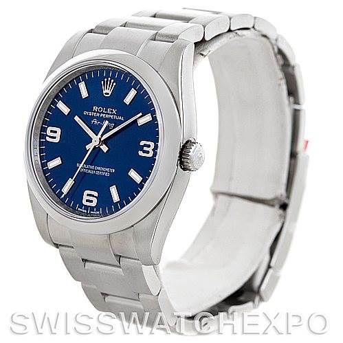 The image shows a side and front angle of a Rolex Air-King 114200 Men's Stainless Steel Blue Dial 114200 Men's Stainless Steel Blue Dial watch, featuring its stainless steel case, bracelet, and blue dial.