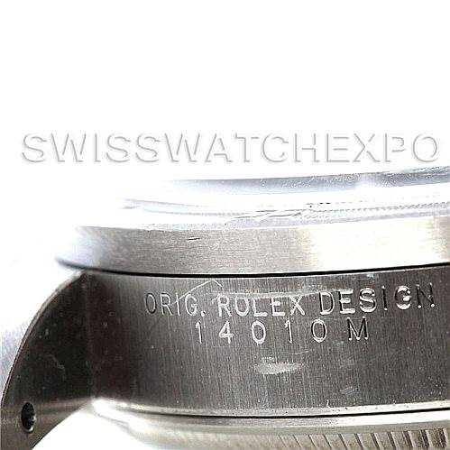 This close-up image of a Rolex Air-King 14010 Men's Stainless Steel Silver Dial 14010 Men's Stainless Steel Silver Dial watch shows the side of the case with engraved text including "ORIG. ROLEX DESIGN" and "14010 M".