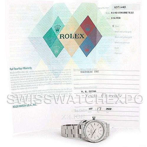 The image shows a Rolex Air-King 14010 Men's Stainless Steel Silver Dial 14010 Men's Stainless Steel Silver Dial watch and its warranty certificate placed behind it.