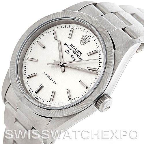 The image shows a close-up of the Rolex Air-King 14010 Men's Stainless Steel Silver Dial 14010 Men's Stainless Steel Silver Dial watch, highlighting the face, bezel, crown, and part of the bracelet.