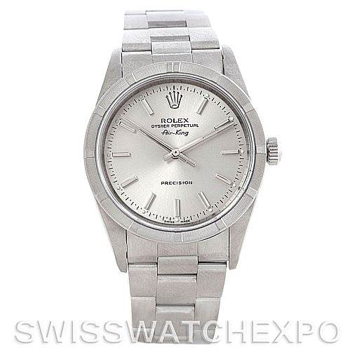 The image shows a front view of the Rolex Air-King 14010 Men's Stainless Steel Silver Dial 14010 Men's Stainless Steel Silver Dial watch, displaying the dial, bezel, crown, and bracelet.