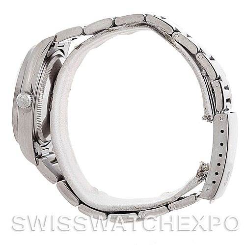 This image shows the Rolex Air-King 14010 Men's Stainless Steel Silver Dial 14010 Men's Stainless Steel Silver Dial watch from a side angle, highlighting its bracelet and clasp.