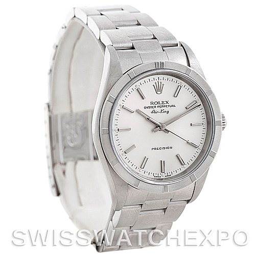 The image shows a Rolex Air-King 14010 Men's Stainless Steel Silver Dial 14010 Men's Stainless Steel Silver Dial watch from a three-quarter front angle, highlighting the case, dial, bezel, and part of the bracelet.