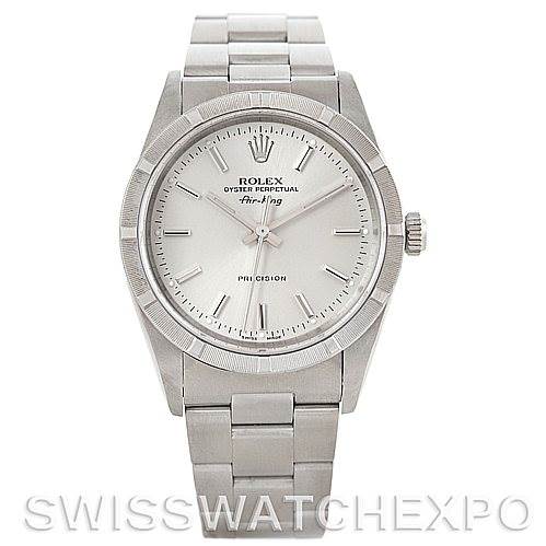 The image shows a front view of the Rolex Air-King 14010 Men's Stainless Steel Silver Dial 14010 Men's Stainless Steel Silver Dial watch, displaying its silver dial, hour markers, hands, bezel, case, and bracelet.
