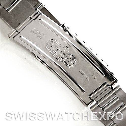 This image shows the clasp of a Rolex Air-King 14010 Men's Stainless Steel Silver Dial 14010 Men's Stainless Steel Silver Dial watch, displaying the brand's logo and engraved details.