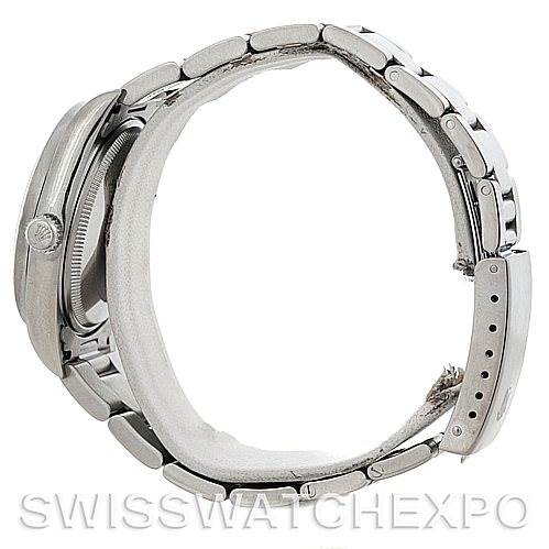 This image shows a side view of the Rolex Air-King 14010 Men's Stainless Steel Silver Dial 14010 Men's Stainless Steel Silver Dial watch, highlighting its case and metal bracelet.