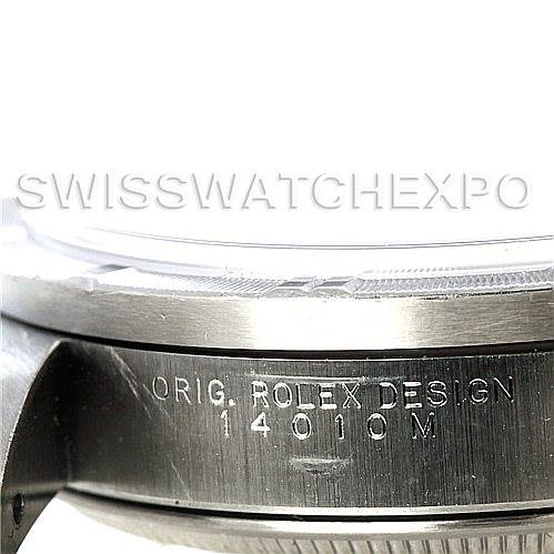 The image shows a side view of the Rolex Air-King 14010 Men's Stainless Steel Silver Dial 14010 Men's Stainless Steel Silver Dial watch, focusing on the engraved case detailing "ORIG. ROLEX DESIGN 14010 M".