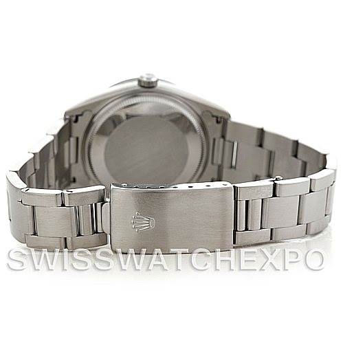 The image shows the rear view of the Rolex Air-King 14010 Men's Stainless Steel Silver Dial 14010 Men's Stainless Steel Silver Dial watch, highlighting the back case and the stainless steel bracelet with the clasp.