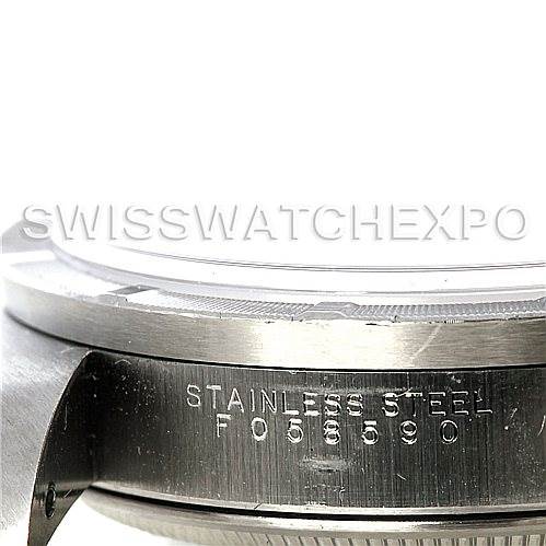 This image displays a close-up side view of a Rolex Air-King 14010 Men's Stainless Steel Silver Dial 14010 Men's Stainless Steel Silver Dial watch case, highlighting the engraving on the stainless steel.