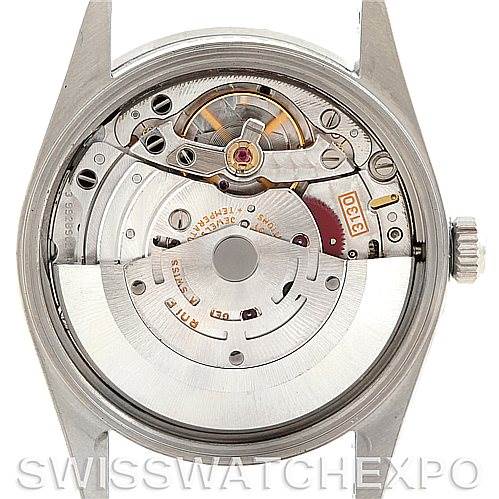 This image shows the movement mechanism of a Rolex Air-King 14010 Men's Stainless Steel Silver Dial 14010 Men's Stainless Steel Silver Dial watch from a rear angle with the case back removed.