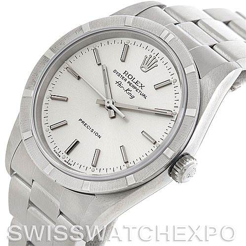 The image shows a Rolex Air-King 14010 Men's Stainless Steel Silver Dial 14010 Men's Stainless Steel Silver Dial watch angled slightly from the right, displaying the dial, case, bezel, crown, and bracelet.