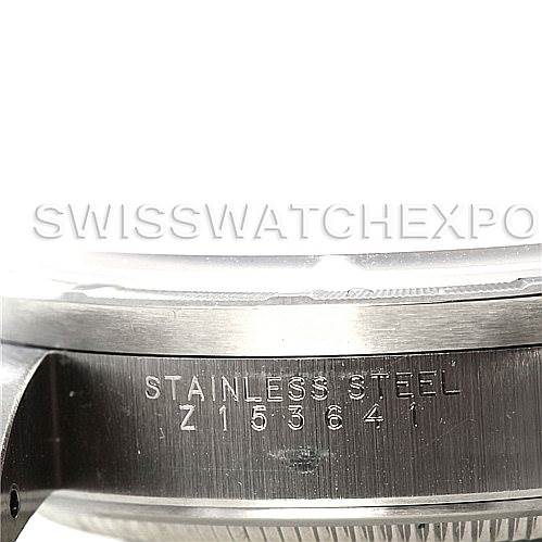 The image shows a close-up side view of the Rolex Air-King 14010 Men's Stainless Steel White Dial 14010 Men's Stainless Steel White Dial watch case, highlighting the stainless steel material and partial serial number.