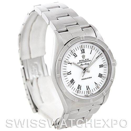 The image shows a Rolex Air-King 14010 Men's Stainless Steel White Dial 14010 Men's Stainless Steel White Dial watch at an angle displaying the face, bezel, and a portion of the bracelet.