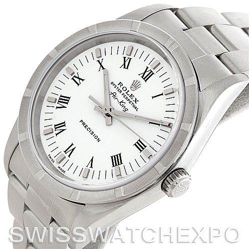 This image shows a Rolex Air-King 14010 Men's Stainless Steel White Dial 14010 Men's Stainless Steel White Dial watch from a front angle, highlighting the dial, crown, and part of the bracelet.