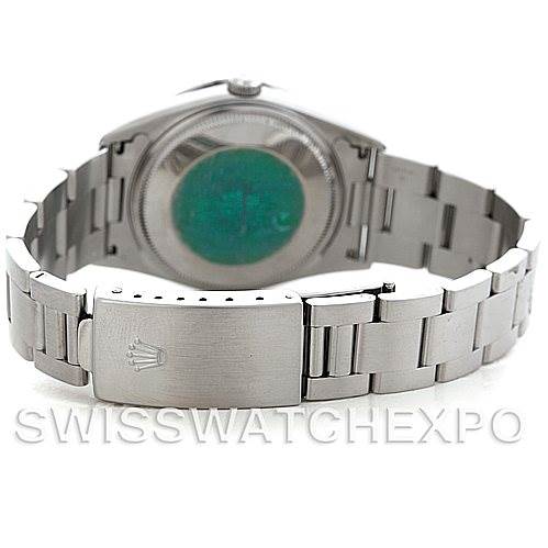 The Rolex Air-King 14010 Men's Stainless Steel White Dial 14010 Men's Stainless Steel White Dial watch is shown from the back, highlighting the clasp and bracelet.