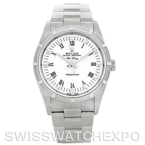 The image shows a front view of the Rolex Air-King 14010 Men's Stainless Steel White Dial 14010 Men's Stainless Steel White Dial watch, displaying its dial, bezel, and stainless steel bracelet.