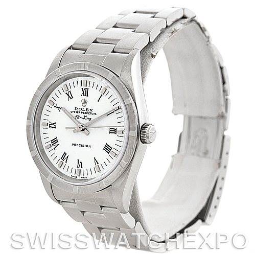 The image shows a Rolex Air-King 14010 Men's Stainless Steel White Dial 14010 Men's Stainless Steel White Dial watch at a slight angle, highlighting the face, bezel, and bracelet.