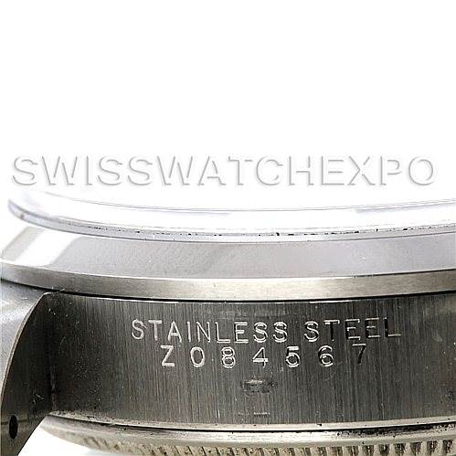 This image shows a close-up side view of the stainless steel case with engraved serial number of the Rolex Air-King 14000 Men's Stainless Steel Black Dial 14000 Men's Stainless Steel Black Dial watch.