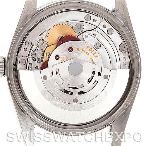 The image shows the back view of a Rolex Air-King 14000 Men's Stainless Steel Black Dial 14000 Men's Stainless Steel Black Dial watch, revealing its internal mechanical movement.