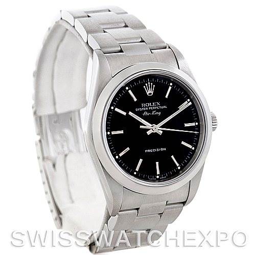 The image shows a Rolex Air-King 14000 Men's Stainless Steel Black Dial 14000 Men's Stainless Steel Black Dial watch at an angled view, highlighting its stainless steel case, black dial, and bracelet.