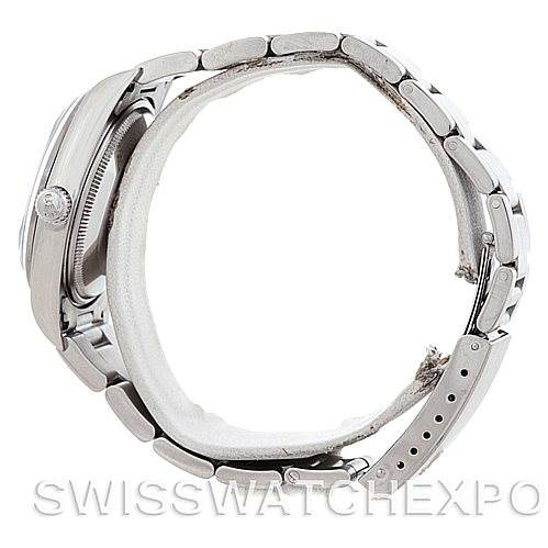 Side view of the Rolex Air-King 14000 Men's Stainless Steel Black Dial 14000 Men's Stainless Steel Black Dial watch showing the band, clasp, and profile of the case.