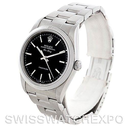 This image displays a Rolex Air-King 14000 Men's Stainless Steel Black Dial 14000 Men's Stainless Steel Black Dial watch at a slight angle, showcasing the black dial, crown, and silver bracelet.