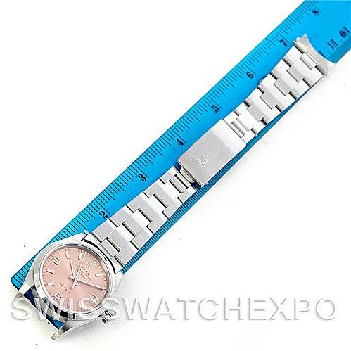 The image shows a top-down view of a Rolex Air-King 14000 Men's Stainless Steel Pink Dial 14000 Men's Stainless Steel Pink Dial watch laid next to a ruler.