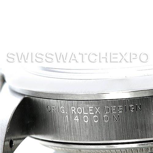This image shows a close-up view of the side of a Rolex Air-King 14000 Men's Stainless Steel Pink Dial 14000 Men's Stainless Steel Pink Dial watch, featuring "ORIG ROLEX DESIGN 14000M" engraving.
