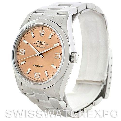 The image shows a Rolex Air-King 14000 Men's Stainless Steel Pink Dial 14000 Men's Stainless Steel Pink Dial watch at a three-quarter angle, displaying the dial, crown, and part of the bracelet.