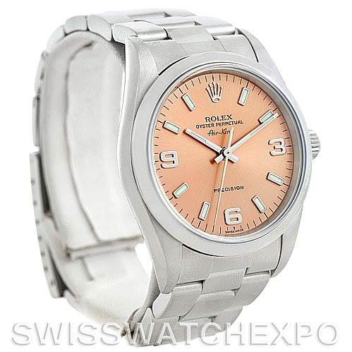 The image shows a Rolex Air-King 14000 Men's Stainless Steel Pink Dial 14000 Men's Stainless Steel Pink Dial watch, angled to display the face, bezel, and part of the bracelet.