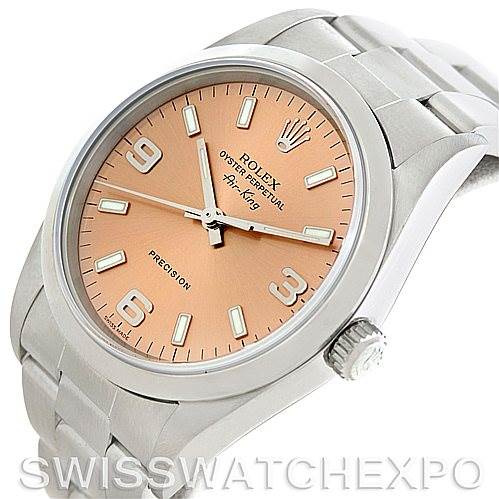 The image shows a Rolex Air-King 14000 Men's Stainless Steel Pink Dial 14000 Men's Stainless Steel Pink Dial watch at a slight angle, displaying the face, crown, bracelet, and part of the casing.