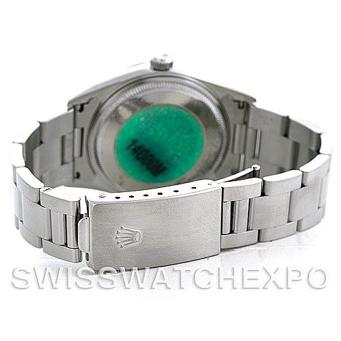 A Rolex Air-King 14000 Men's Stainless Steel Pink Dial 14000 Men's Stainless Steel Pink Dial watch is shown from the back, highlighting the bracelet, clasp, and case back.