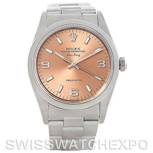 This is a front view of a Rolex Air-King 14000 Men's Stainless Steel Pink Dial 14000 Men's Stainless Steel Pink Dial watch, showing the face, bezel, band, and crown.