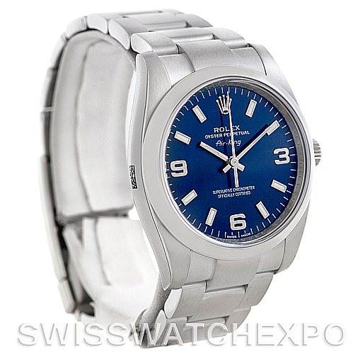 The image shows a Rolex Air-King 114200 Men's Stainless Steel Blue Dial 114200 Men's Stainless Steel Blue Dial watch with a blue dial, silver markers, and a stainless steel Oyster bracelet displayed at an angle.