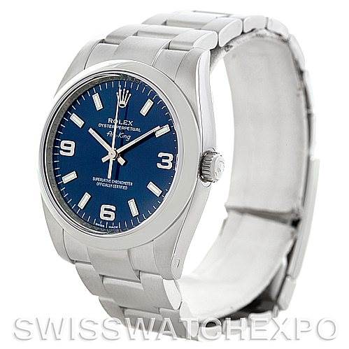 The image shows a Rolex Air-King 114200 Men's Stainless Steel Blue Dial 114200 Men's Stainless Steel Blue Dial watch at a slight angle, revealing the dial, case, crown, and part of the bracelet.